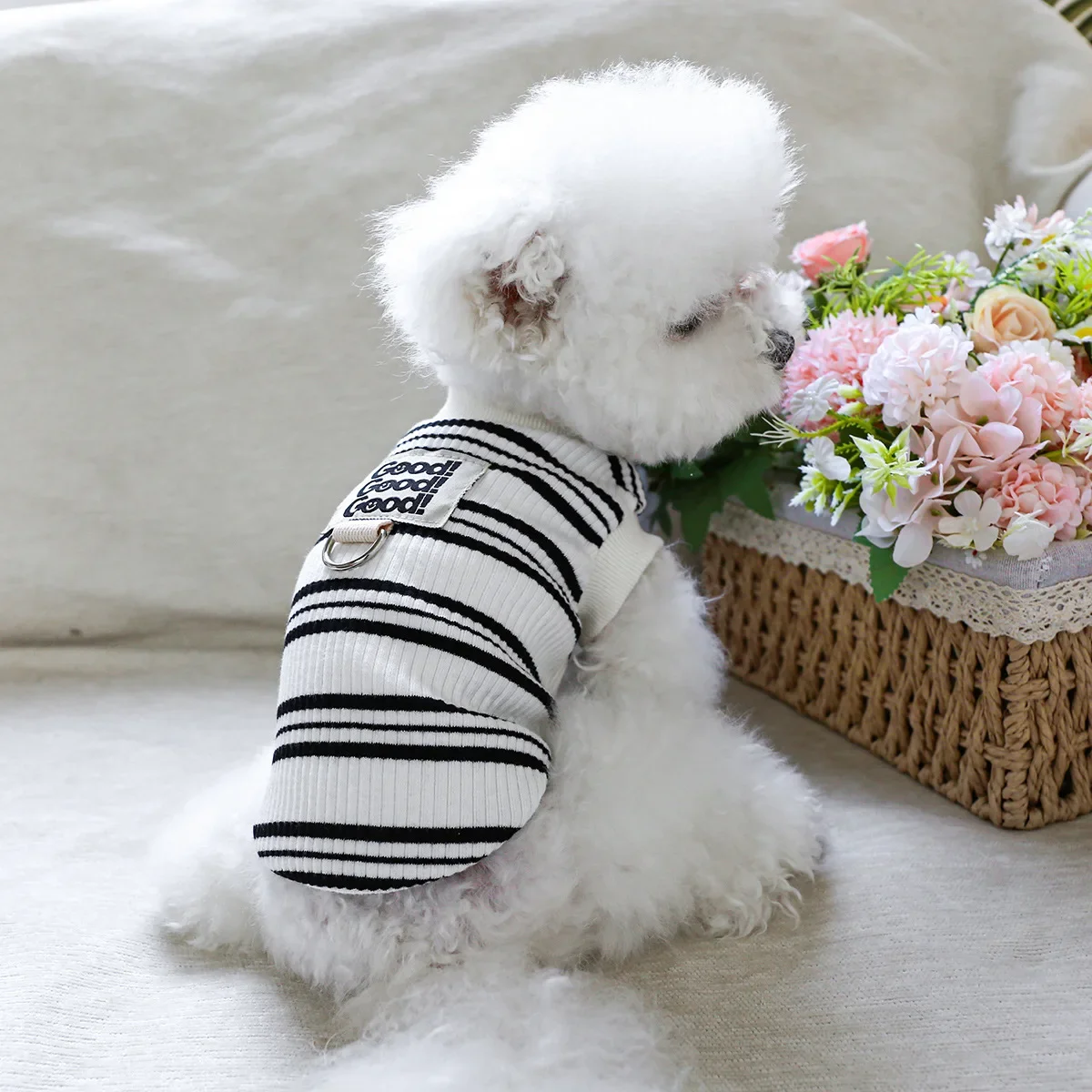 Camisa Base a rayas para mascotas, ropa para el hogar para primavera y otoño, pijamas, chaleco a rayas, ropa para cachorros, ropa para gatos para perros pequeños - imagen 3