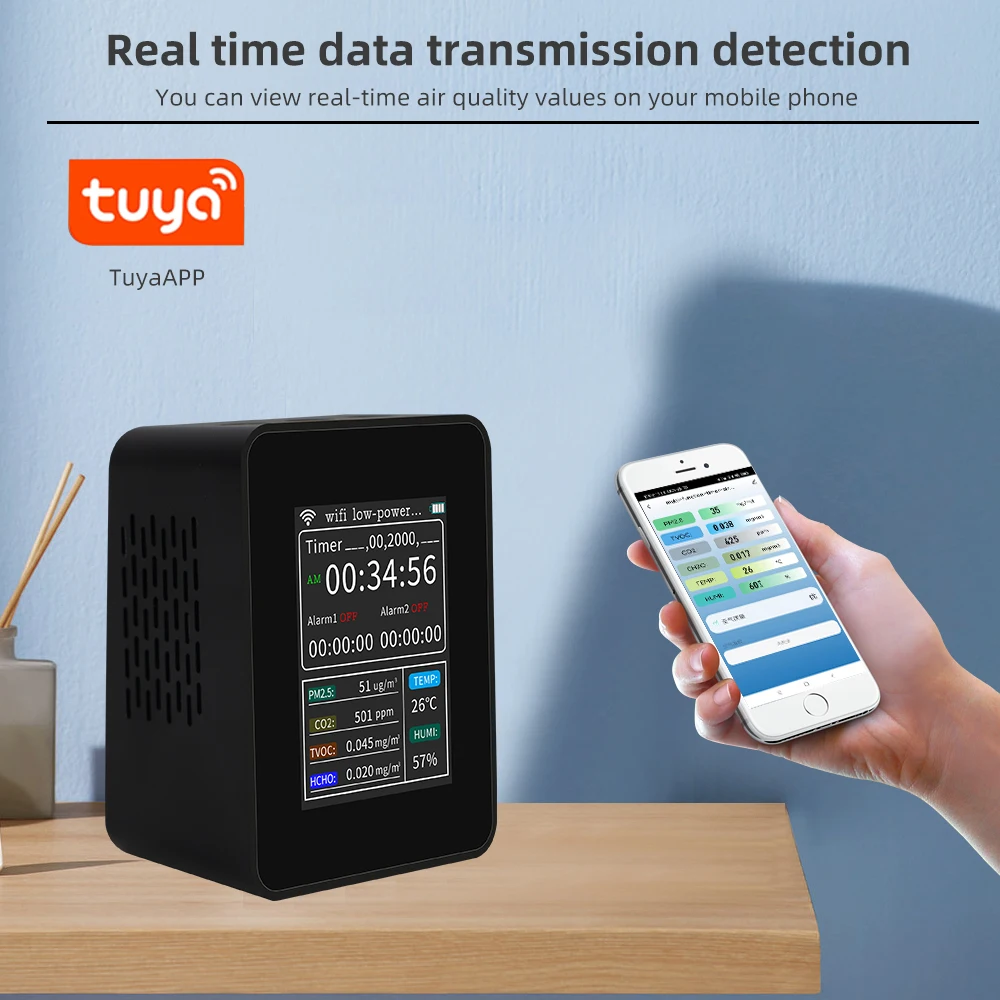 Detector de calidad del aire multifuncional WIFI, Monitor inteligente de temperatura y humedad PM2.5 CO2 TVOC HCHO con visualización de hora y fecha - imagen 4