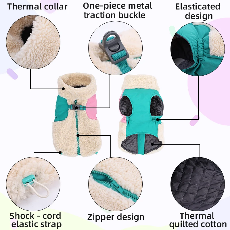 Chaqueta de invierno para perros, chaleco acolchado de lana de cordero, abrigo cálido de invierno para perros pequeños y grandes, ropa para perros con cremallera y hebilla de tracción - imagen 3