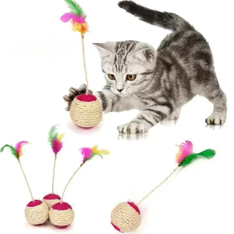 Pelota rascadora de Sisal para gatos, juguete interactivo de entrenamiento para gatitos, suministros para gatos, juguetes de plumas interactivos, 1 ud. - imagen 2