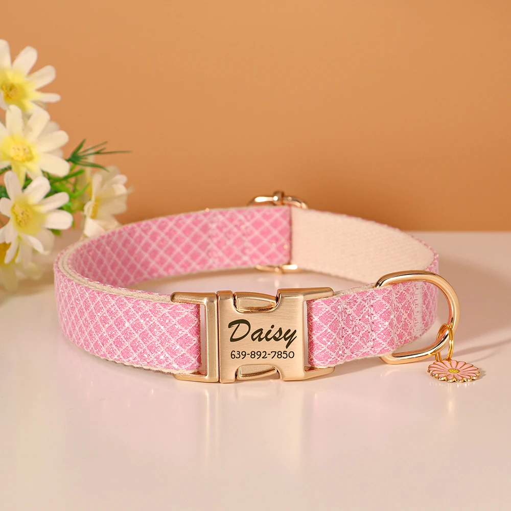 Collar de perro personalizado, Collar con hebilla para perro a cuadros ostentoso, accesorio colgante de flor bonito antipérdida para perros pequeños y medianos, gatos, color rosa - imagen 2