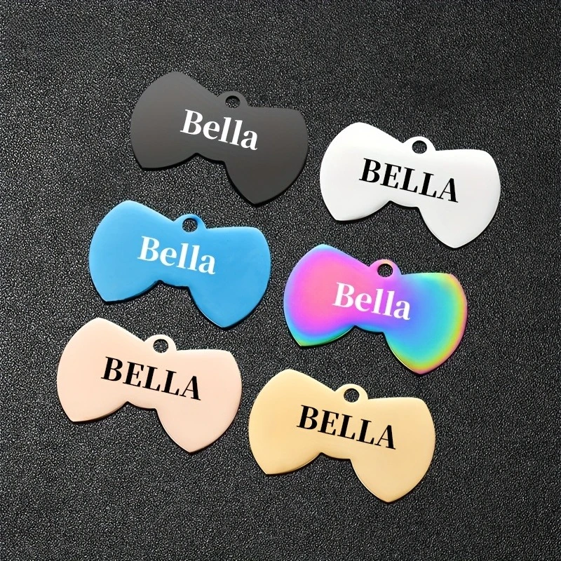 Etiquetas personalizadas grabadas para perros y gatos con nombre y número de teléfono, colgante para mascotas en forma de pajarita para identificación personalizada de mascotas - imagen 2