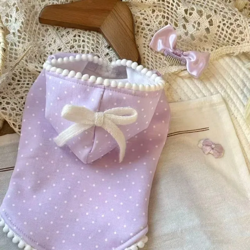 Sudadera con capucha de punto morado para mascotas, ropa de invierno con lazo para mascotas, Teddy Schnauzer, gatito, ropa para perros con capucha, ropa para perros pequeños, ropa para cachorros