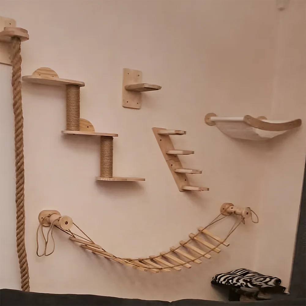 Muebles de pared para gatos con hamaca, estantes y rascadores de sisal - imagen 5