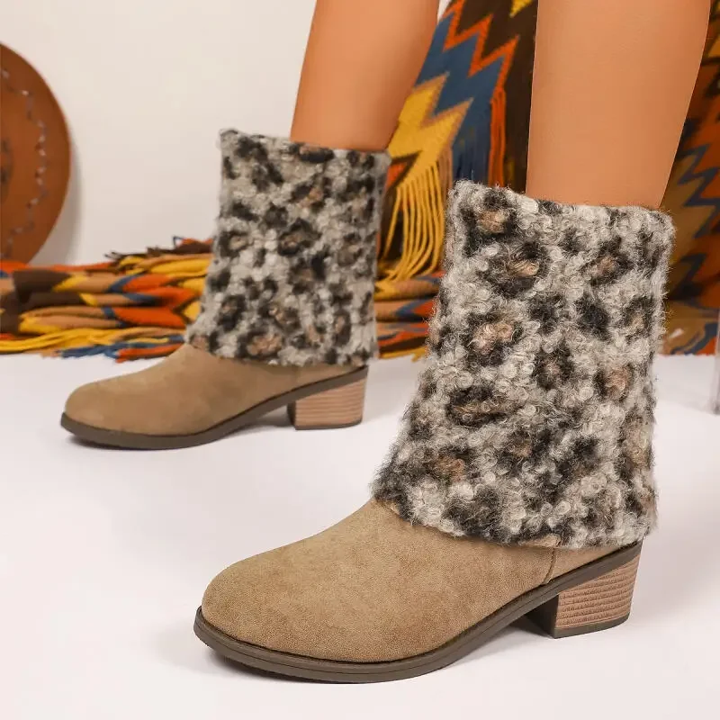 Botas de media pantorrilla de tacón grueso de lana de leopardo para Mujer, Botas cortas de diseñador de ante de lujo para invierno, Botas de talla grande, zapatos para Mujer - imagen 5