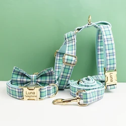 Collar a cuadros verde para perro con placa identificativa grabada