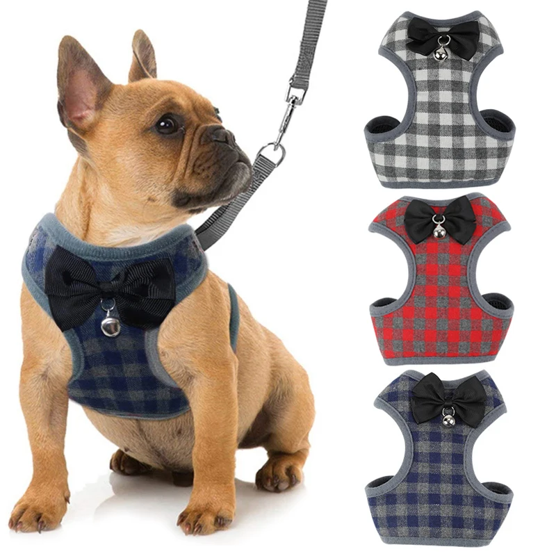 Conjunto de arnés y correas para perros a cuadros, pajarita para mascotas a la moda, chaleco de esmoquin, arnés para perros pequeños y medianos, gatos, cachorros, Bulldog Francés