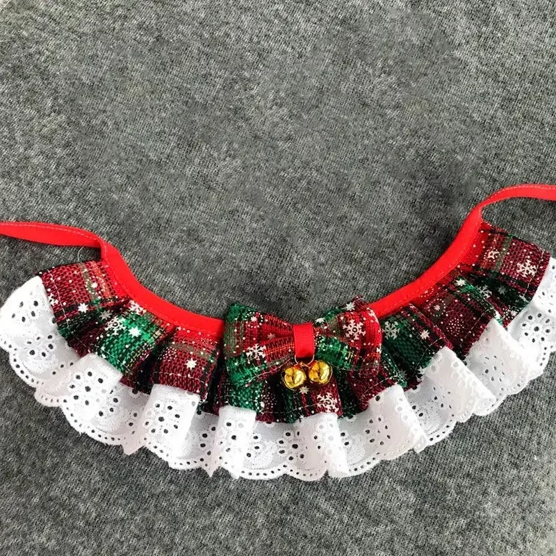 Navidad mascota arco babero Collar bufanda a cuadros arco encaje Saliva toalla con colgante de campana para perro gato Collar regalo de Navidad - imagen 5