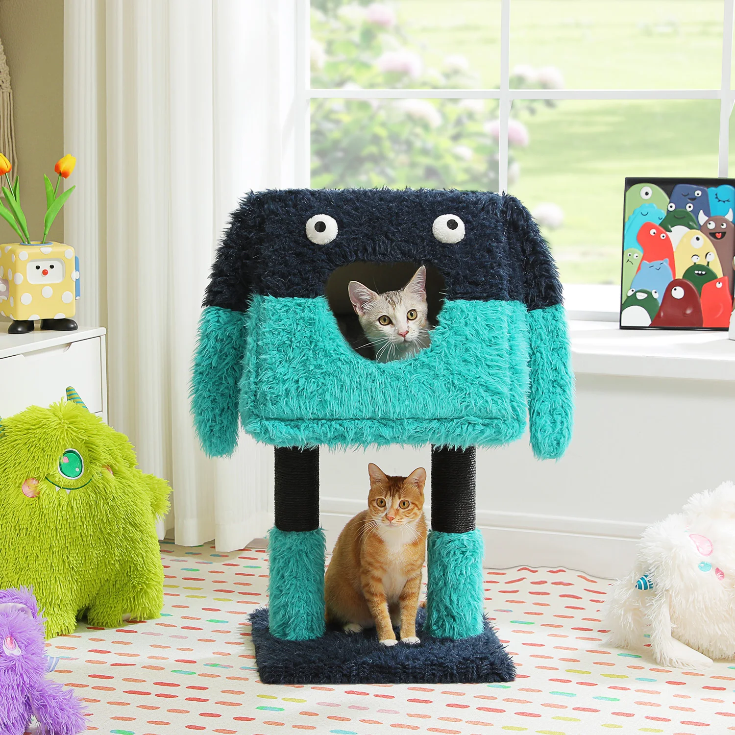 Torre de árbol para gatos serie Monster, modelado de felpa con forma bonita con gato grande, patas envueltas en Sisal, Bas sólido, orejas y ojos divertidos