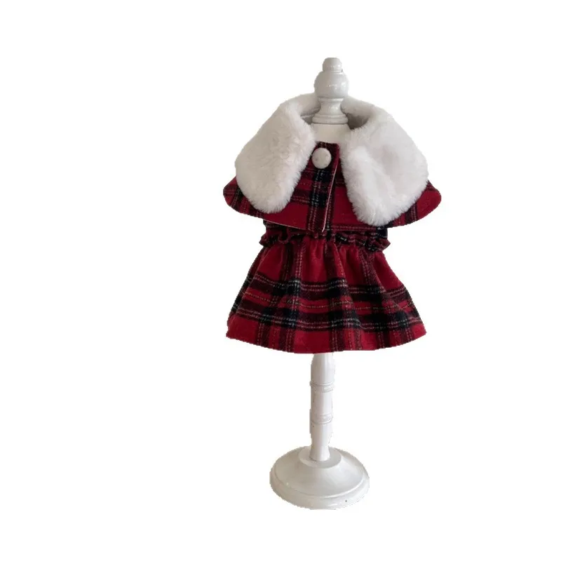Vestido de Navidad para mascotas, capa de felpa de otoño e invierno, abrigo de lana a cuadros rojo, ropa para perros pequeños, ropa para cachorros - imagen 5