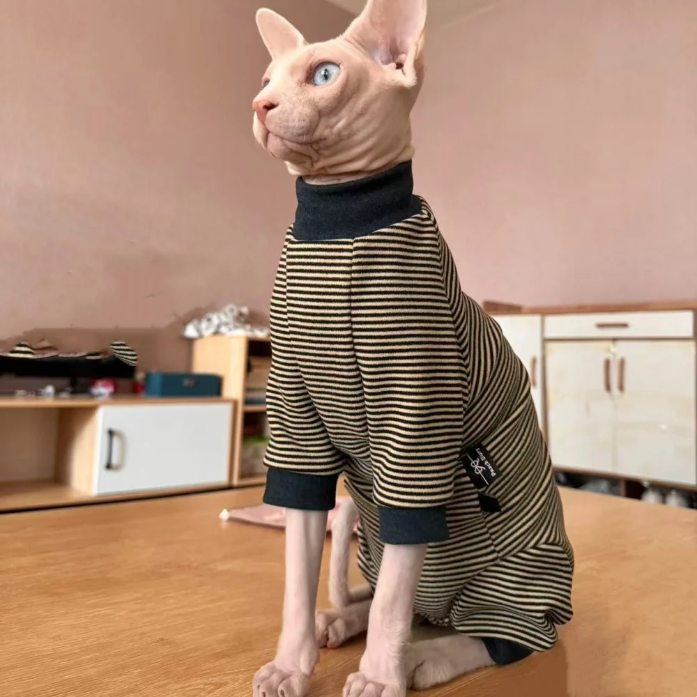 Pijama de 4 patas gris algodón a rayas para Sphynx Cat Winter Warm Elestic Soft Camiseta interior para gatitos Abrigo morado Devon Rex en primavera - imagen 2