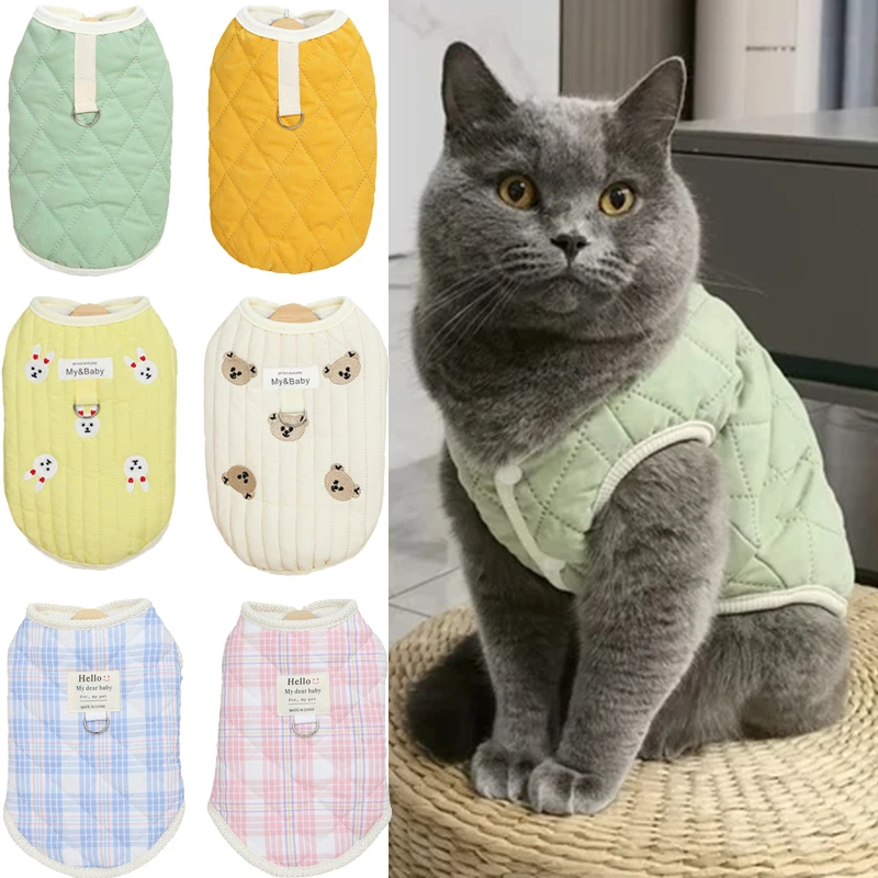 Abrigo cálido de invierno para gatos, ropa para mascotas con estampado bonito y anillo de tracción, traje para mascotas con cuerda para caminar para gatito siamés Sphynx