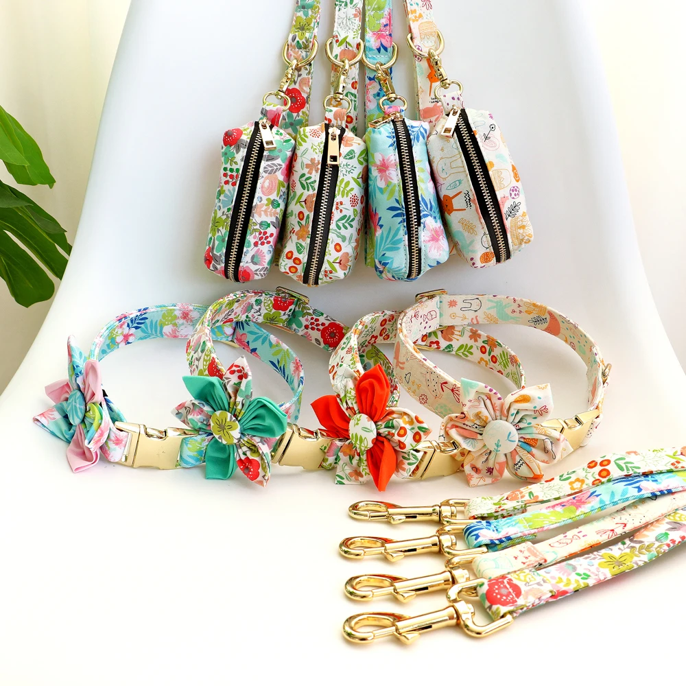 Collar de nailon personalizado para perros pequeños, medianos y grandes, Correa y bolsa para caca, etiqueta de identificación con nombre, accesorios florales - imagen 3