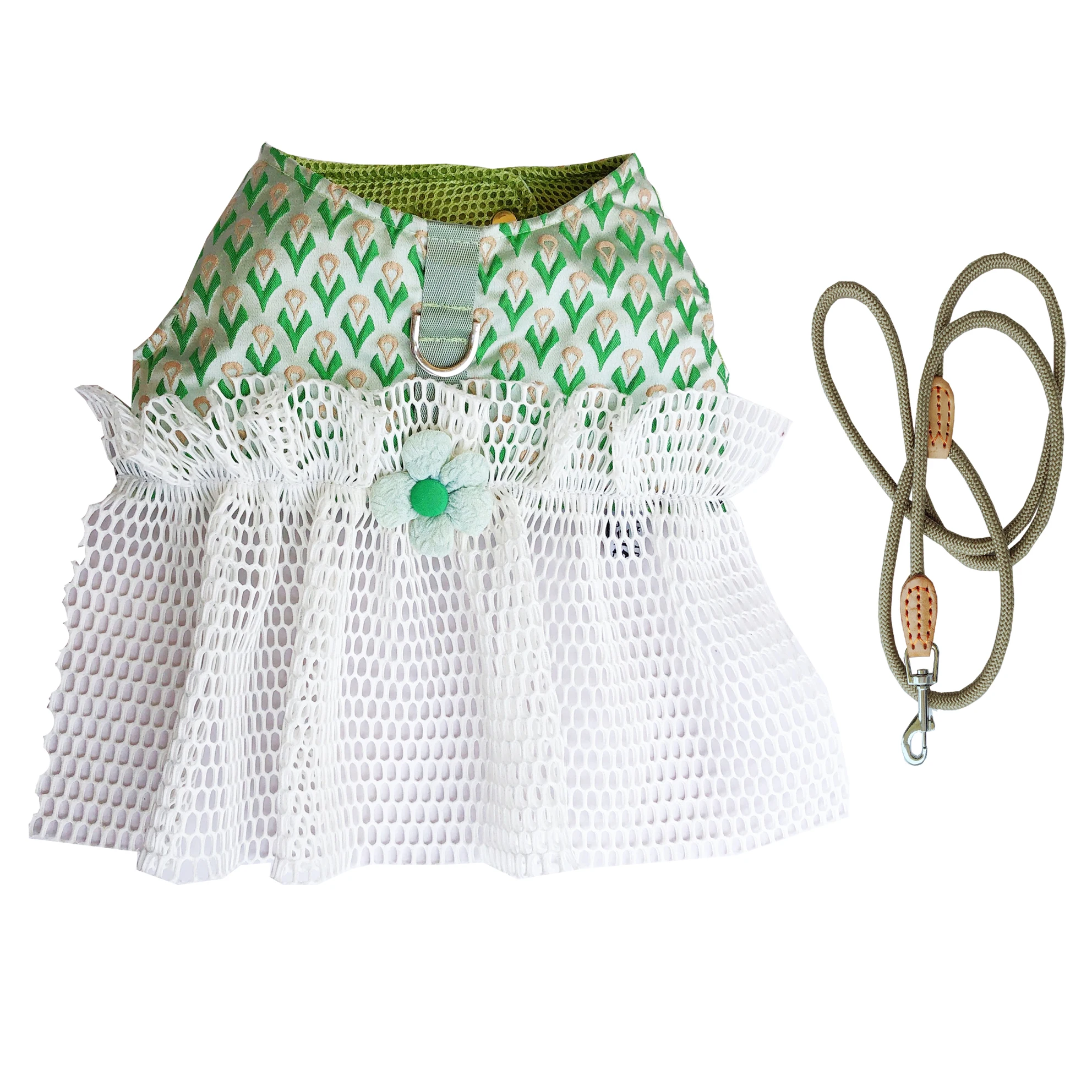 Arnés de malla verde para cachorros de princesa, ropa de verano para perros pequeños, correa para el pecho de perro bonito de lujo para caminar al aire libre, maltés de Pomerania - imagen 5