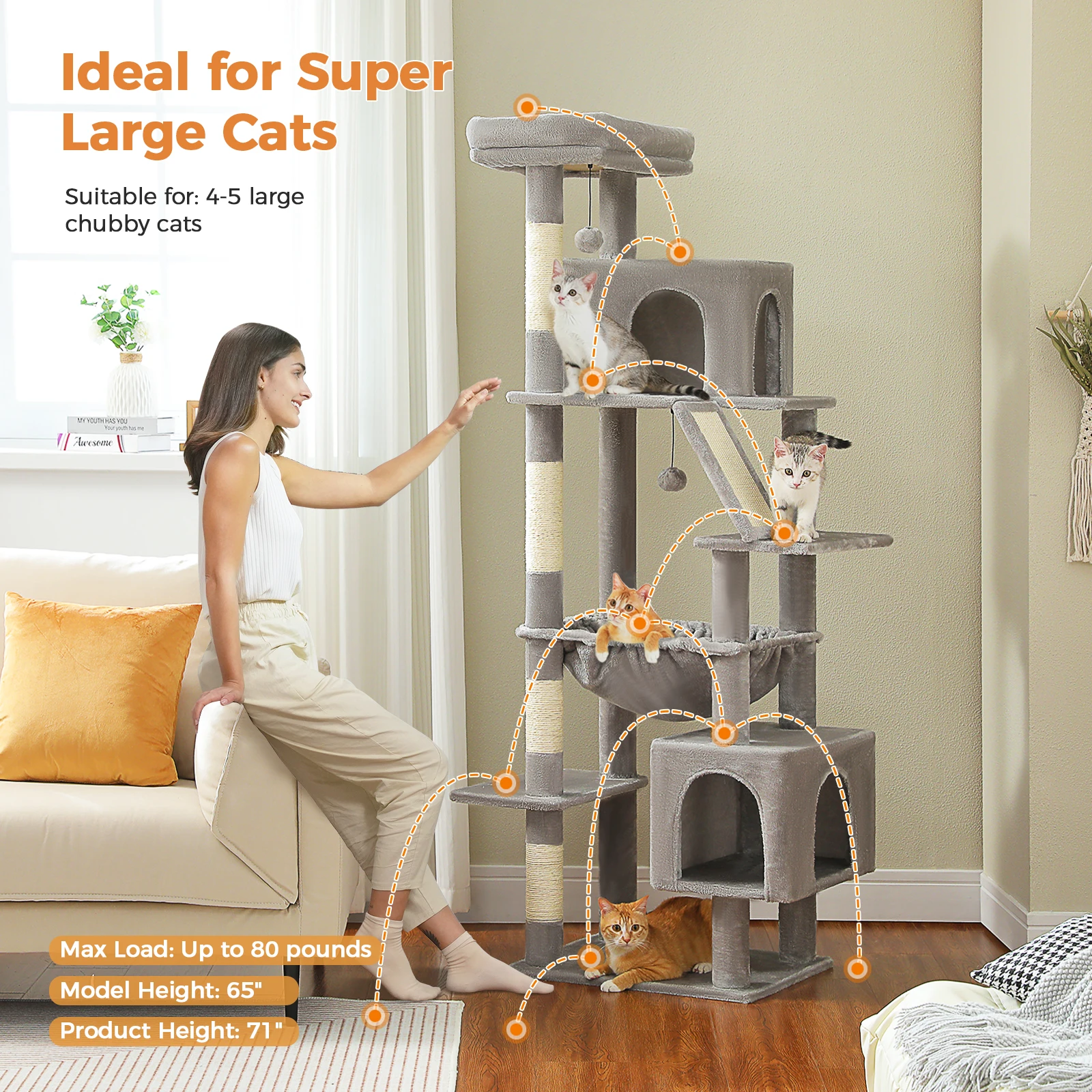 Árbol para gatos de 180 cm de altura para gatos grandes con hamaca grande, torre para gatos estable y resistente con postes rascadores de sisal, 2 condominios espacios - imagen 4