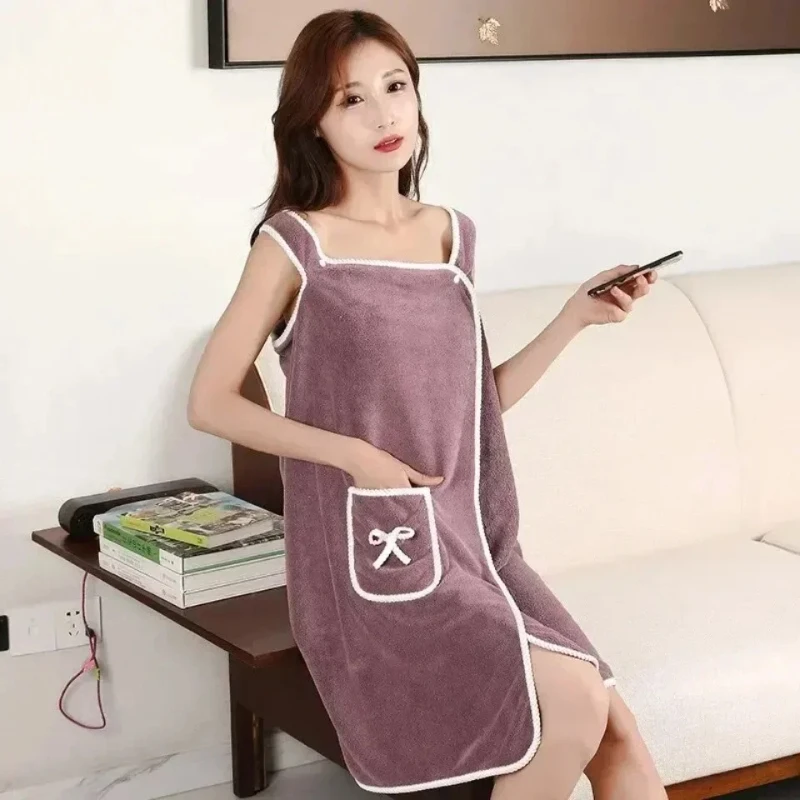 Wearable Style Bath Towels Soft  Absorbent Towel Dress Thickened Water Absorbing Bathrobe Wearable Camisole Coral Fleece Towel - imagen 2