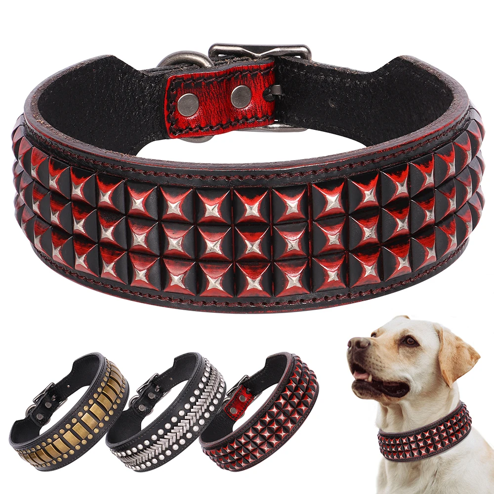 Collar para perro de 2 pulgadas de ancho, collares para perros grandes de cuero auténtico, Collar con tachuelas para mascotas, duradero para perros medianos y grandes, Bulldog Francés, Pug