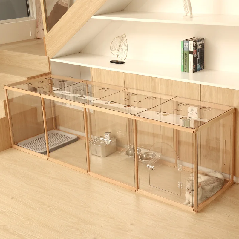 Valla para mascotas con tapa para gatos, perros pequeños, aislamiento de conejo, rotura antiprisión, combinación libre de madera maciza, valla transparente - imagen 3