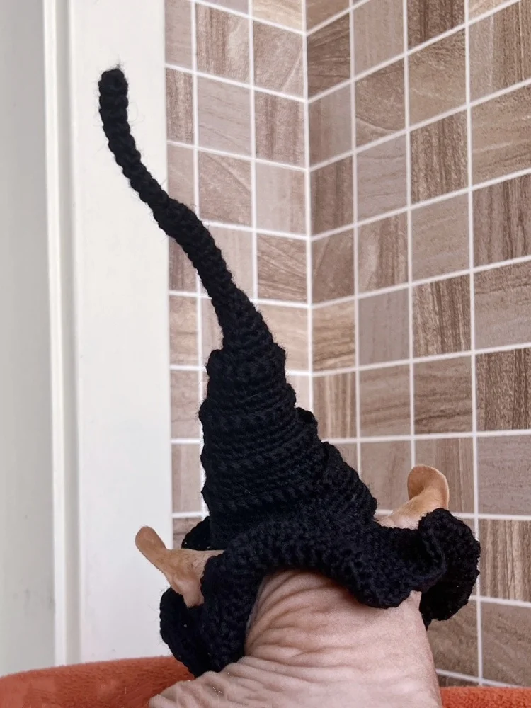 Divertido lindo sombrero de mago mágico de Halloween Navidad Año Nuevo para Sphynx Cat Sombreros de cosplay de lana tejidos a mano largos y puntiagudos para gato sin pelo - imagen 5