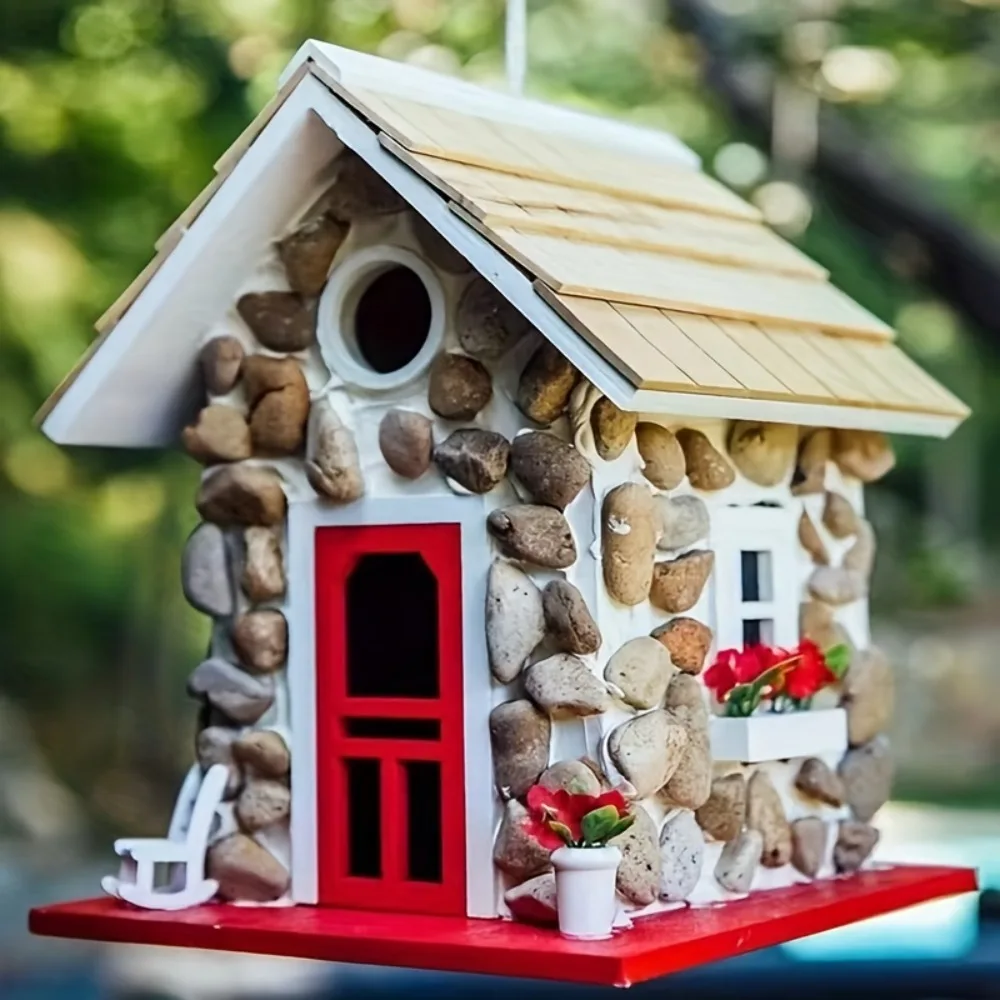 Casa de pájaros de resina para exteriores, casas de pájaros para anidar aves salvajes, casas de pájaros de piedra decorativas para decoración de jardín y patio