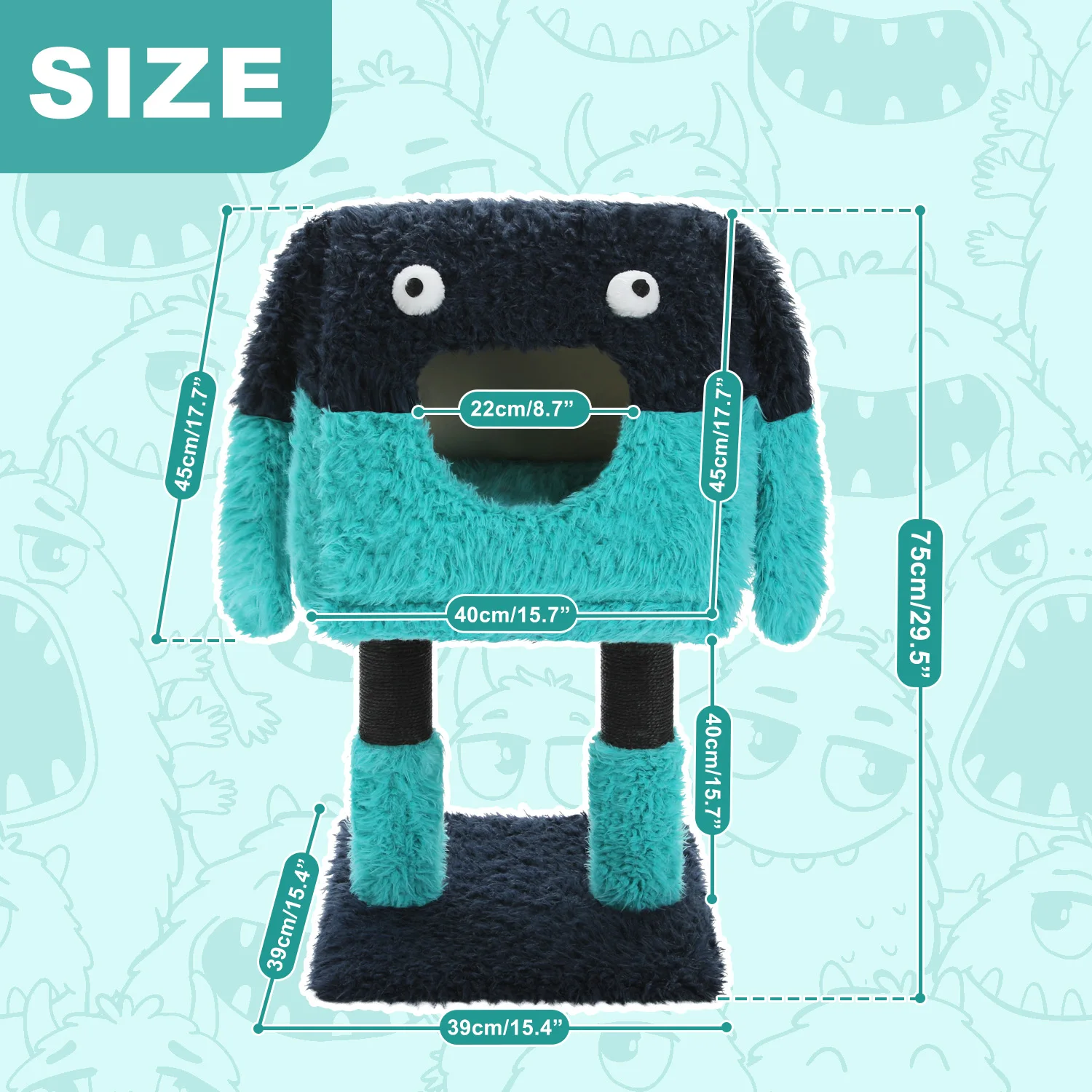 Torre de árbol para gatos serie Monster, modelado de felpa con forma bonita con gato grande, patas envueltas en Sisal, Bas sólido, orejas y ojos divertidos - imagen 2