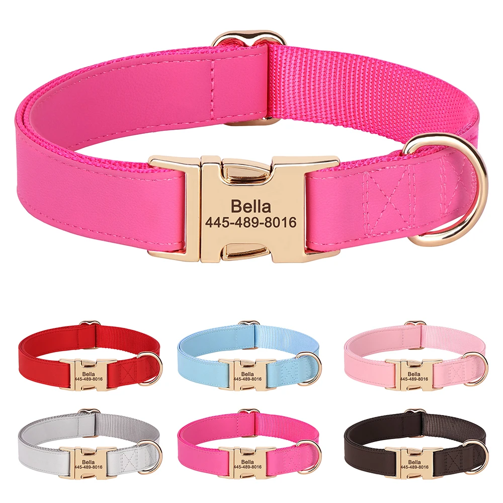 Collar de perro de cuero PU personalizado, collares de identificación de mascotas grabados gratis, Collar personalizado para cachorros, ajustable para perros pequeños y grandes, Pug