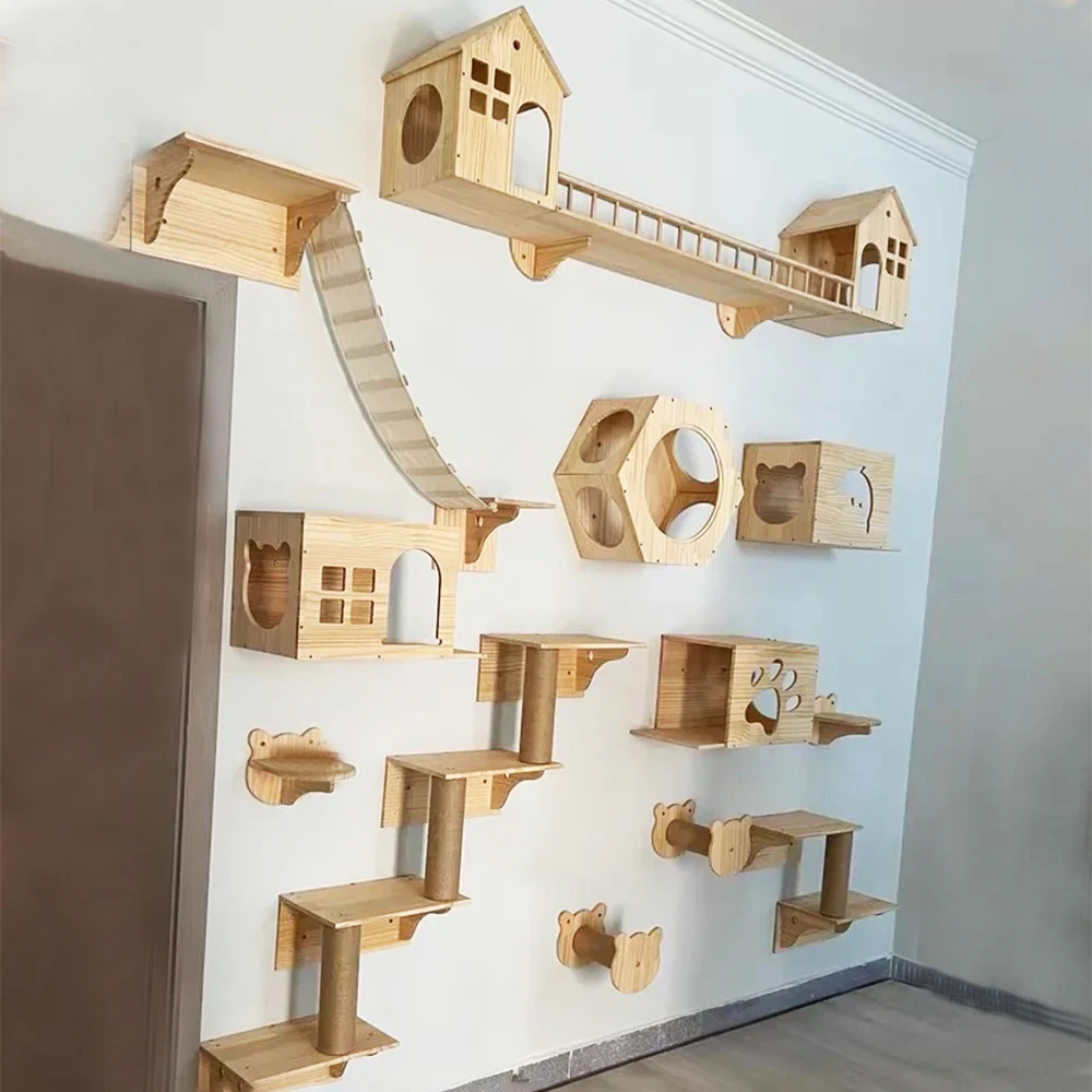 Juego de muebles de madera maciza montados en la pared, marco de escalada para gatos, hamaca, poste rascador, estante con plataforma de salto de Sisal, escalera - imagen 5