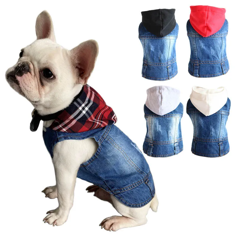 Chaqueta vaquera sin mangas para perros, lavado oscuro, abrigo vaquero con capucha para cachorros, ropa para perros pequeños y medianos, Bulldog Yorkie
