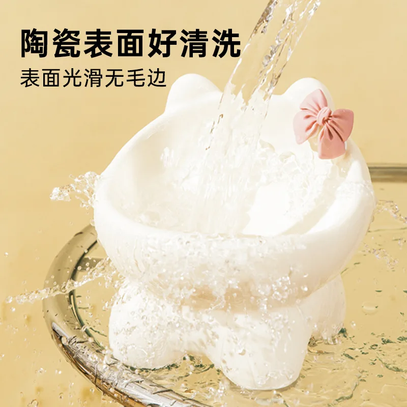 Cuenco para gatos, lavabo de comida para perros y gatos, cuenco oblicuo creativo bonito de cerámica para mascotas pequeñas y medianas, comida, arroz, agua potable, cuello, pie alto - imagen 3