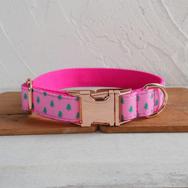 Collar de perro personalizado con grabado gratuito, correa para mascotas a juego, hebilla de Metal de contactos personalizados, Collar rosa de árbol de Navidad - imagen 2