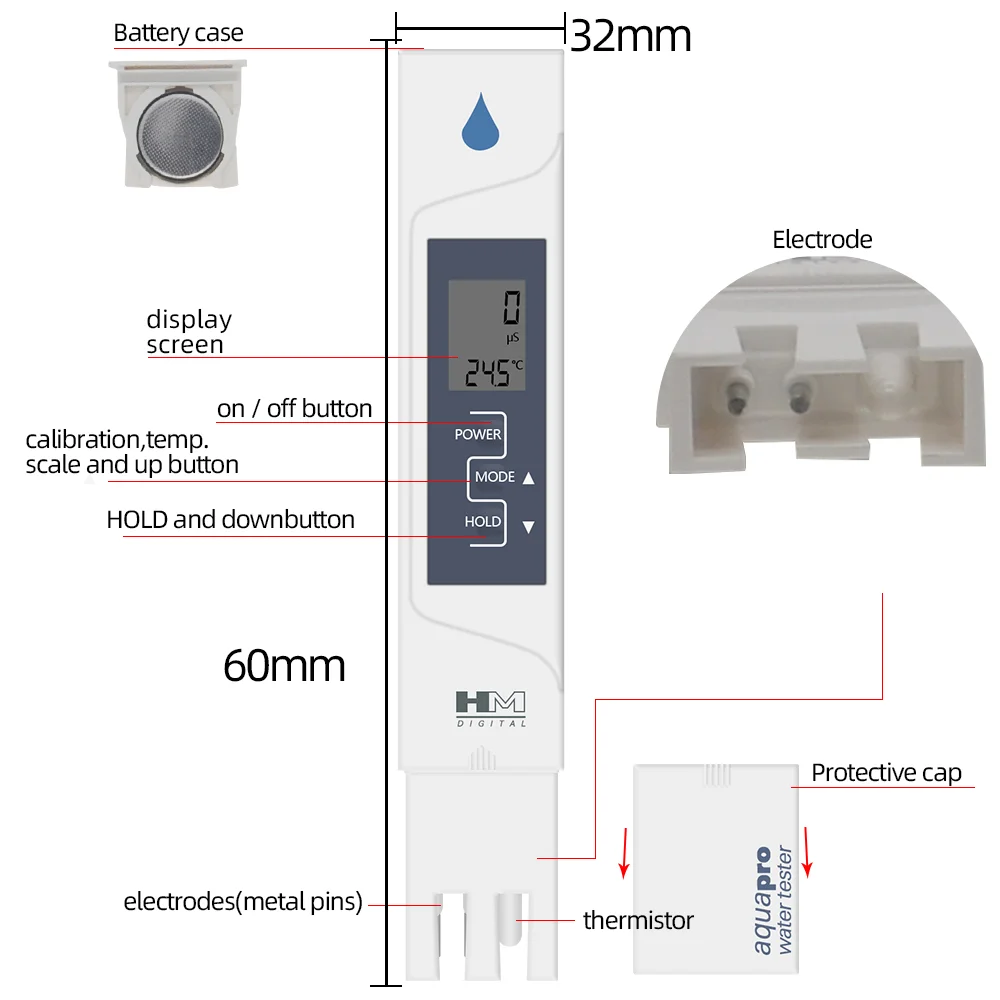 Probador de calidad del agua AquaPro HM Digital 2 en 1 AP-2 EC y temperatura con calibración automática y retención de datos 40% de descuento - imagen 4