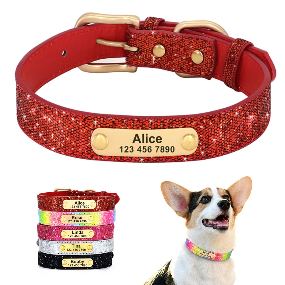 Collar de perro antipérdida con purpurina, Collar de identificación ajustable para mascotas, perros pequeños, medianos y grandes, Chihuahua y Pug