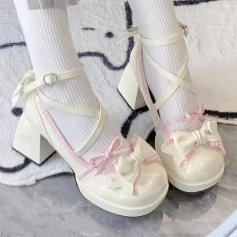 Zapatos de tacón alto con correa cruzada para mujer, zapatos de tacón Mary Jane para fiesta, boda, Cosplay, lazo azul Beige, princesa, Cosplay, Lolita, 2025 - imagen 3