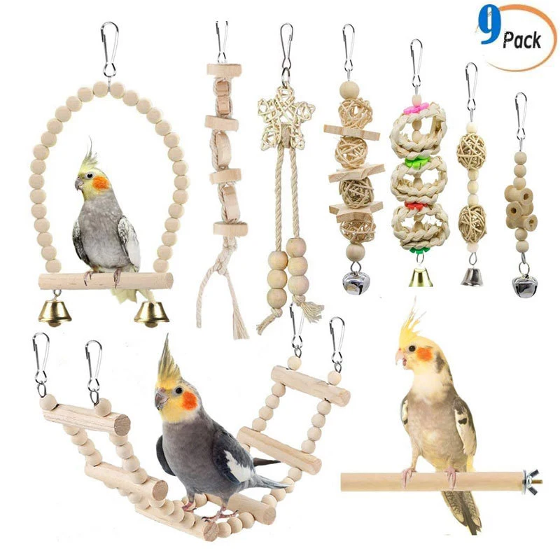 Juego de combinación de juguetes de madera para pájaros, 9 piezas, jaula colgante para pájaros, juguete para loros, soporte para Columpio de escalera, palo, accesorios para jaula para loros, suministros para pájaros