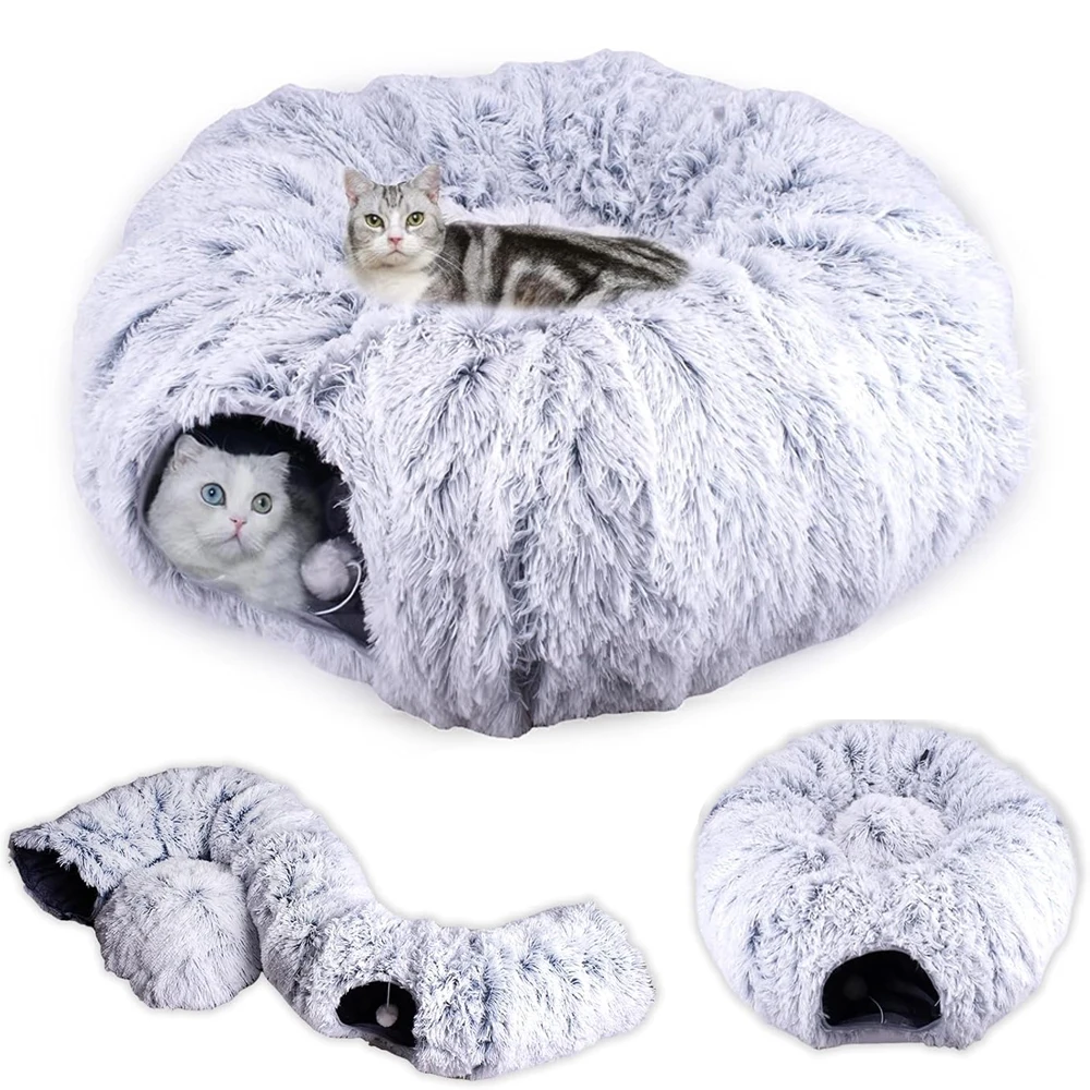 Cama de túnel para gatos grandes, peluche suave, cueva de Peekaboo, túnel de Donut para gatos, juguetes, parque infantil multifuncional para gatos, hurón de conejo y gato
