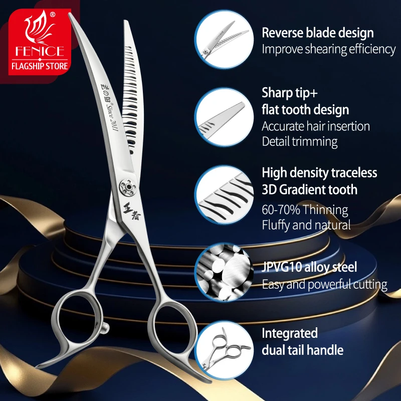 Fenice VG10 acero 7 pulgadas 3D dientes inversos tijeras mágicas para el cuidado de perros y mascotas tijeras rectas/curvas tornillos de rodamiento 60-70%