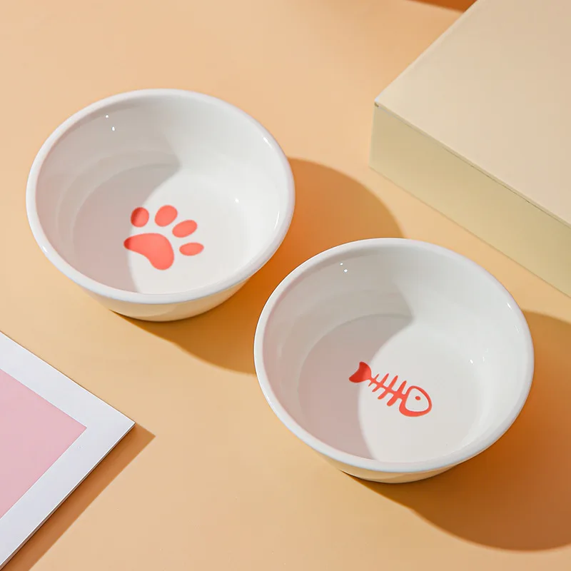Cuenco de cerámica con diseño de espina de pescado y huella, cuenco de agua de grano fácil de limpiar para perros, gatos, suministros para mascotas, accesorios