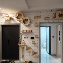Juego para gato montado en pared madera maciza con cama y parque aéreo