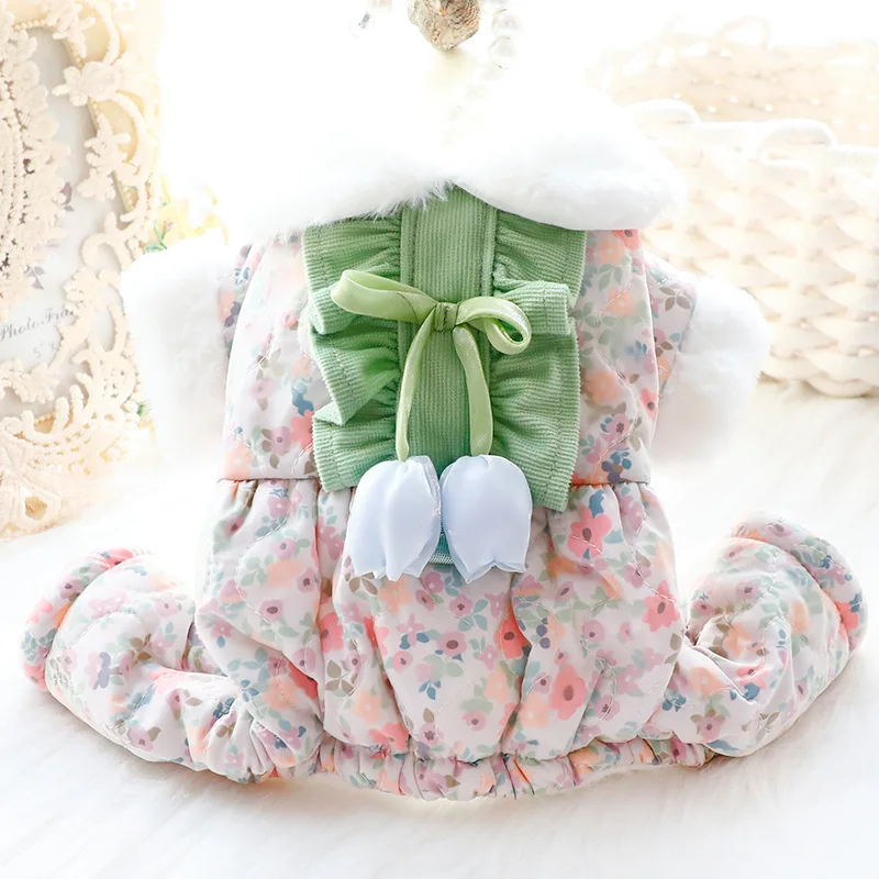Abrigo de algodón grueso para perro, traje cálido de estilo princesa Floral de tulipán de cuatro patas para perro pequeño de peluche Bichon - imagen 3