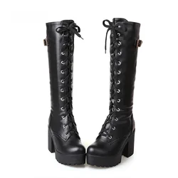Botas de cuero con cordones para mujer – Tacón cuadrado para primavera y otoño