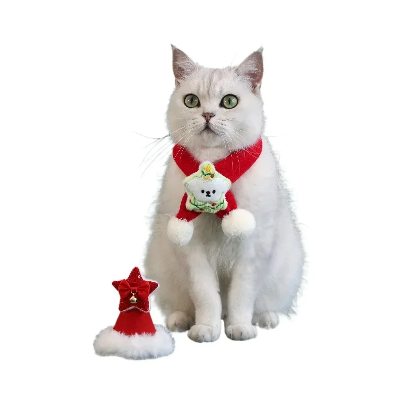 Bufanda roja de Navidad para mascotas, conjunto de gorro y bufanda de hilo de punto con bola de dibujos animados de árbol de Navidad para cachorros y gatos, accesorios para perros - imagen 5