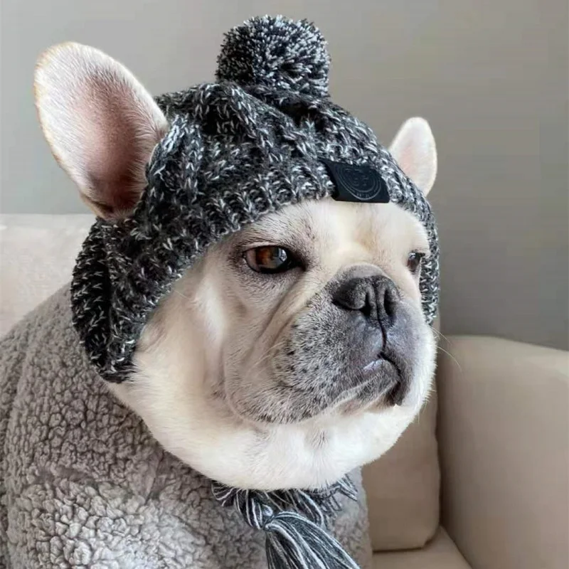 Gorros cálidos de invierno para perros, gorro de Bulldog Francés tejido a prueba de viento para perros, gorro para Chihuahua, gorro esponjoso para mascotas, accesorios para cachorros - imagen 2