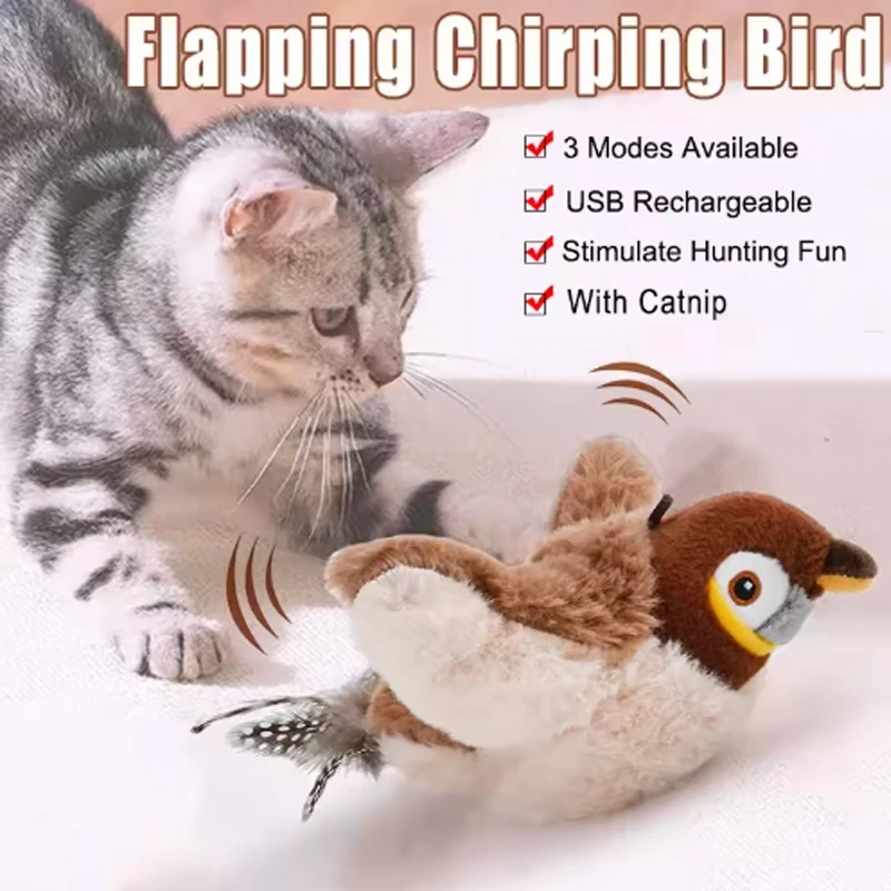 Juguete interactivo para gatos, pájaro batiente con hierba gatera, pájaro de simulación recargable, juguetes para gatos, juguetes de peluche esponjosos activados por tacto para gatos - imagen 2