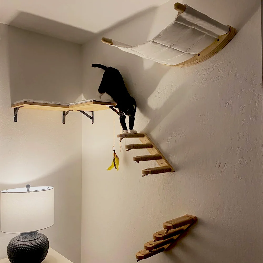 Perchas acolchadas de pared para actividades de gatos, hamaca colgante y escaleras para rascar, muebles de pared para gatos para escalar y descansar - imagen 3