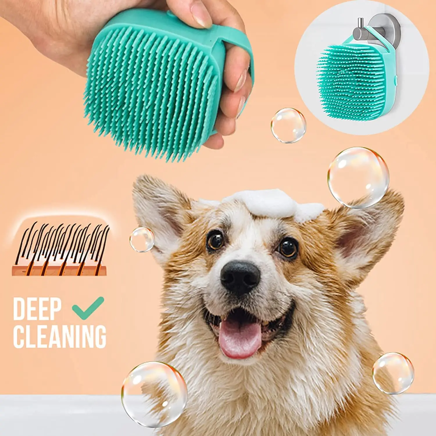 ATUBAN-cepillo de baño de silicona suave para perros, dispensador de champú, cepillo de masaje para Baño de mascotas, cepillo de baño para ducha de perros - imagen 5