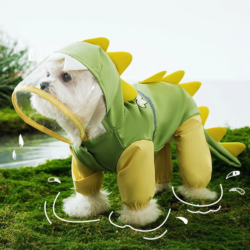 Lindo impermeable para perro de dinosaurio para Teddy y Bichon Frise, ropa impermeable para mascotas de 4 patas con capucha reflectante y agujero para correa - imagen 4