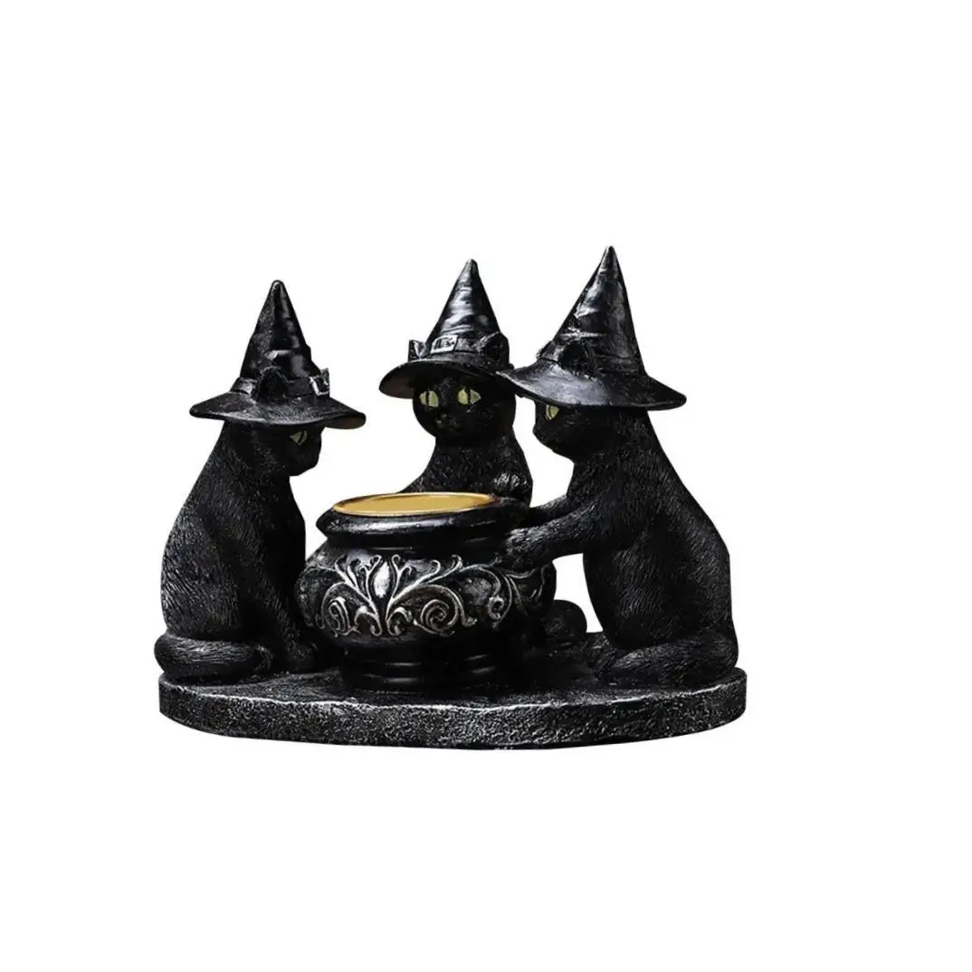 Black Cat Tealight Candle Holder, Halloween Candlestick Party Favor Resin Ornament Home Gothic Figurine for Dinner Fireplace