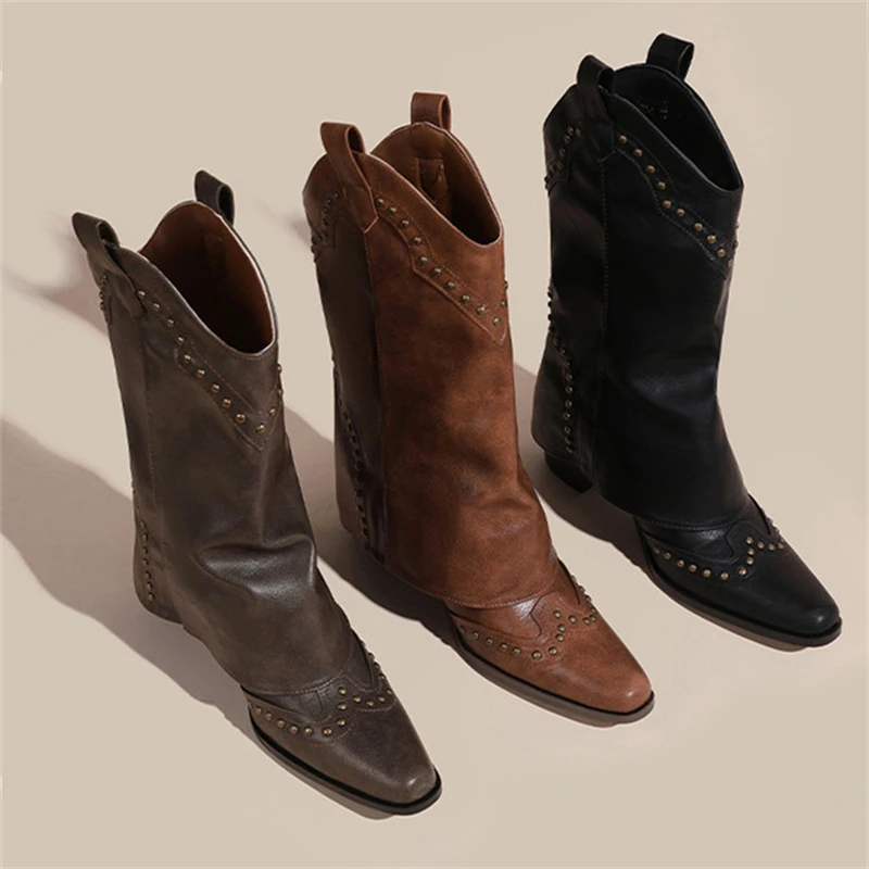 Botas de moto con decoración de remaches y punta estrecha para mujer, botas de caballero con tacón crudo, plataforma informal Retro de Color sólido - imagen 5