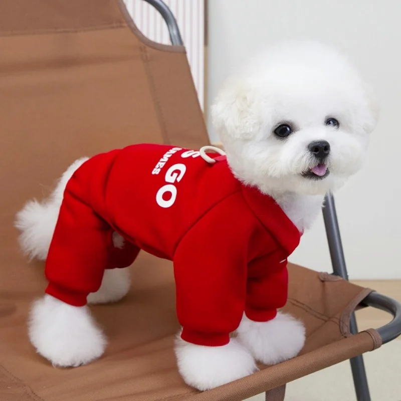 Monos para perros de otoño, chaqueta cálida y suave, ropa para perros con estampado de letras, Sudadera con capucha de cuatro patas para cachorros, monos de lujo para gatos, caniche, suministros para mascotas - imagen 2