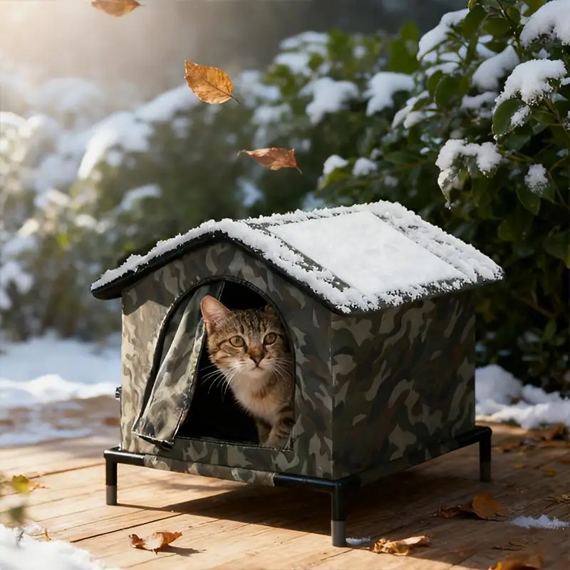 Casa para gatos al aire libre con estante, cojines de doble cara, aislamiento de aluminio, refugio para gatos sin hogar para múltiples gatitos, cama para gatos, calentador de cueva - imagen 3